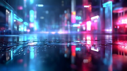 Fototapeta premium Futuristic neon cyberpunk cityscape with vibrant blues and pinks, glowing lights, glossy metallic surfaces, subtle rain, shallow depth with bokeh, ideal tech background
