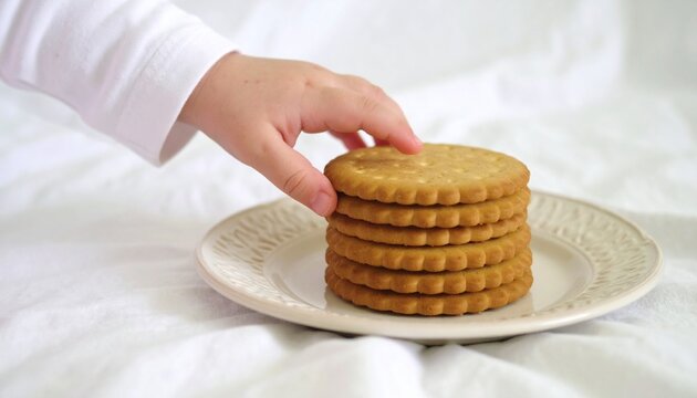 A small child's hand reaches for a stack of sweet round biscuits on a white background