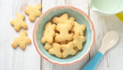 Wholesome childhood snack time concept with cute bear-shaped crackers in a pastel bowl for a baby