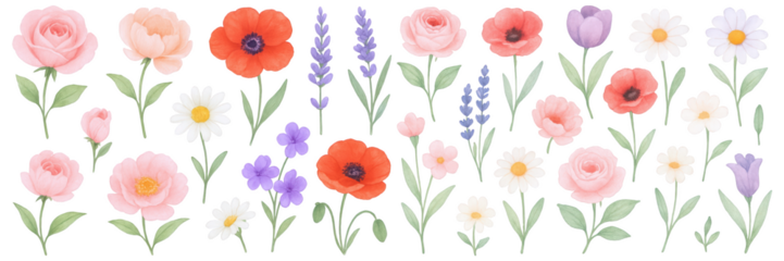 A vibrant collection of assorted flowers, including roses, daisies, and lavender in pastel colors.