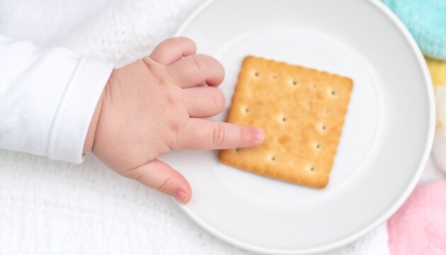 Adorable baby's tiny hand reaching for a first solid food cracker on a white plate