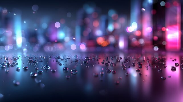 Futuristic Neon Cyberpunk cityscape with vibrant blues and pinks, glowing lights, glossy metallic surfaces with subtle rain droplets, shallow depth with bokeh, aerial view, text-safe negative space