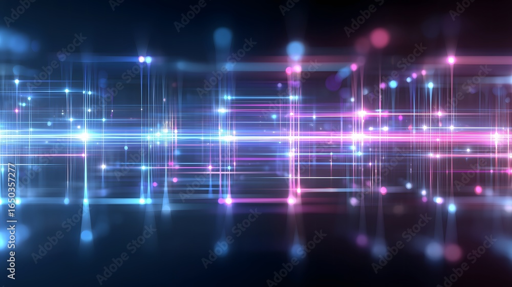 Poster futuristic neural mesh grid with glowing electric blue and violet lines, symmetrical layout, soft am