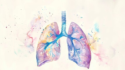 Abstract watercolor illustration of human lungs showing medical anatomy details with soft brush strokes and vibrant colors, suitable for educational materials, healthcare presentations, or medical 
