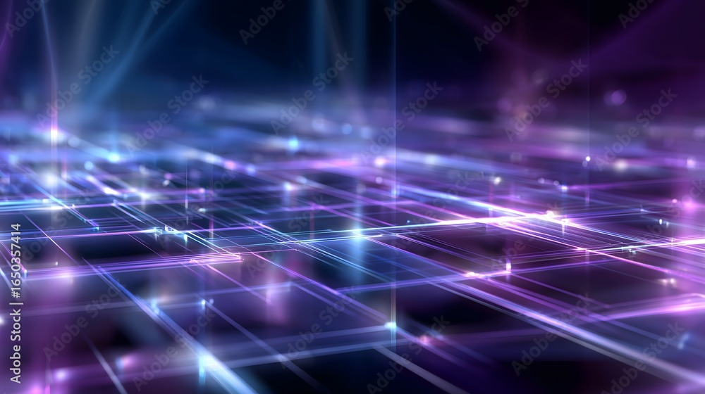Poster futuristic neural mesh grid with glowing electric blue and violet lines, symmetrical layout, soft am