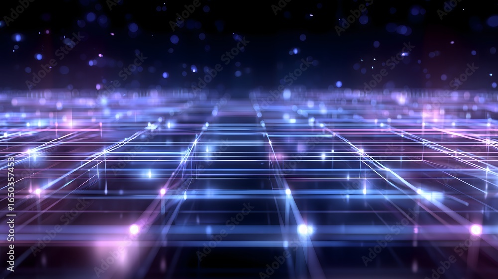 Poster futuristic neural mesh grid with glowing electric blue and violet lines, symmetrical layout, soft am