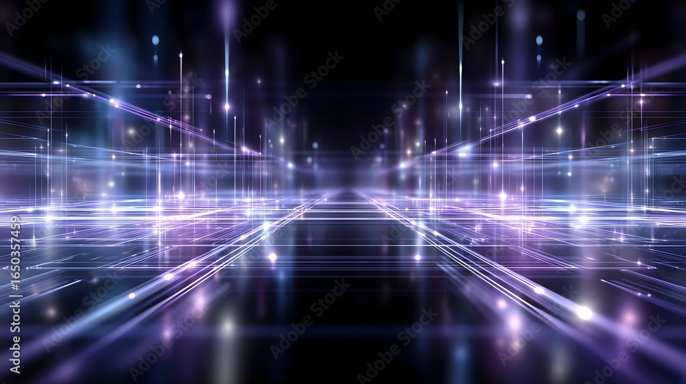 Poster futuristic neural mesh grid with glowing electric blue and violet lines, symmetrical layout, soft am