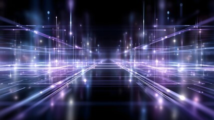 Obraz premium Futuristic neural mesh grid with glowing electric blue and violet lines, symmetrical layout, soft ambient lighting, text-safe negative space, minimal design background, depth of field blur