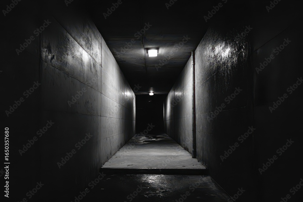 Poster exploring dark corridors of an empty building at night revealing stark shadows and reflections on we