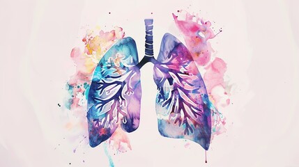 Abstract watercolor illustration of human lungs showing medical anatomy details with soft brush strokes and vibrant colors, suitable for educational materials, healthcare presentations, or medical 