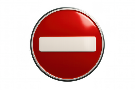 No entry prohibition sign rendered in 3d, blocking access with bold red graphic against transparent backdrop
