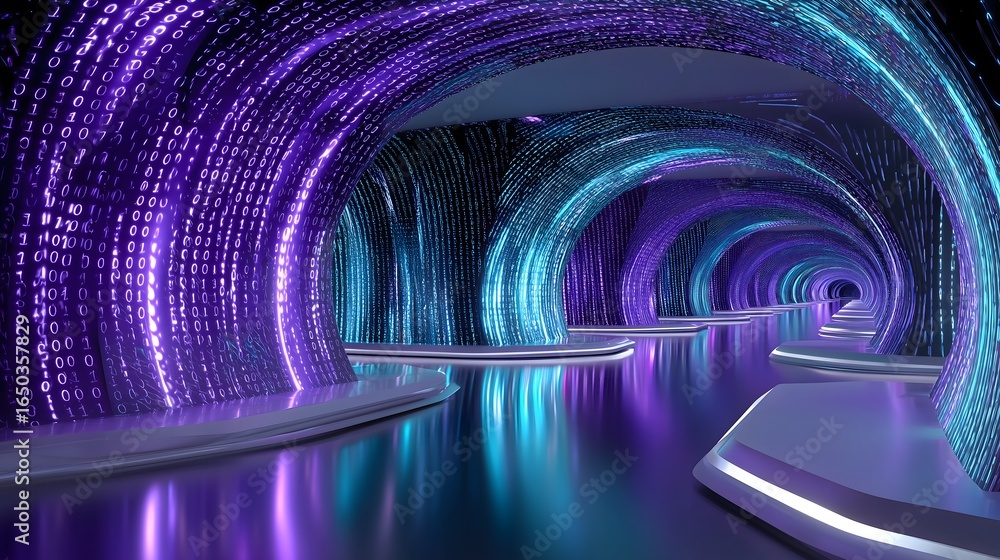 Aufkleber futuristic tunnel illuminated with neon binary code, glowing purple and cyan lights, sharp contrast 