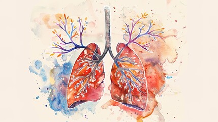 Abstract watercolor illustration of human lungs showing medical anatomy details with soft brush strokes and vibrant colors, suitable for educational materials, healthcare presentations, or medical 