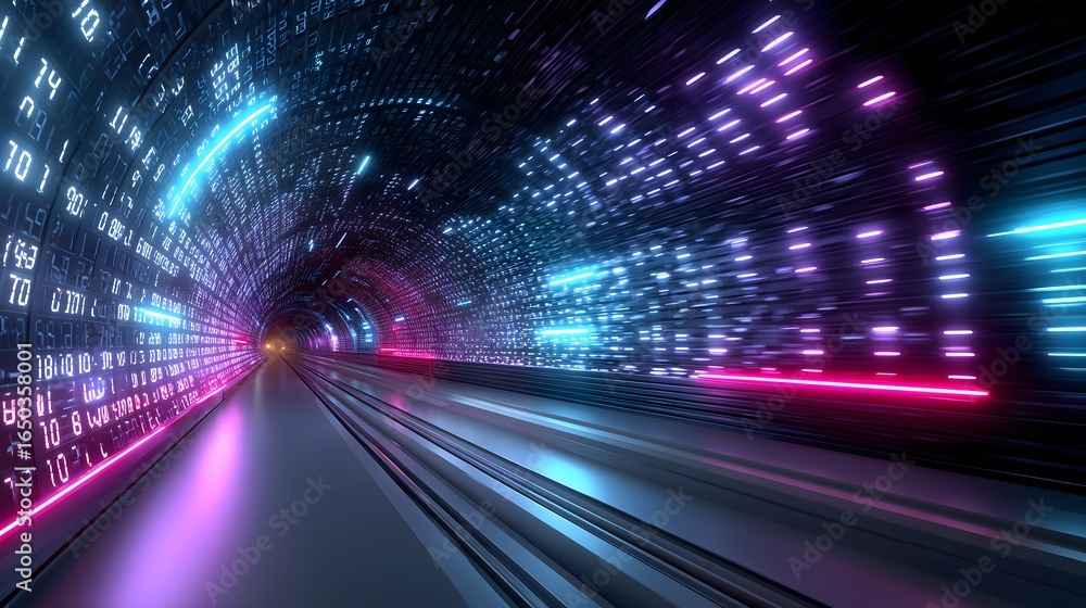 Aufkleber futuristic tunnel illuminated with neon binary code, glowing purple and cyan lights, sharp contrast 