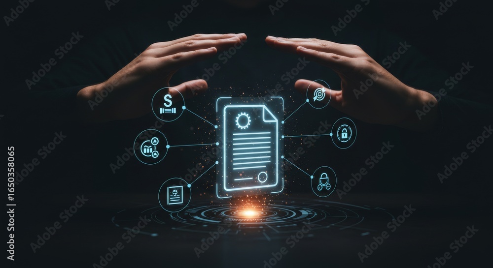 Poster secure document management - hands protect a glowing document icon, showcasing secure data and infor