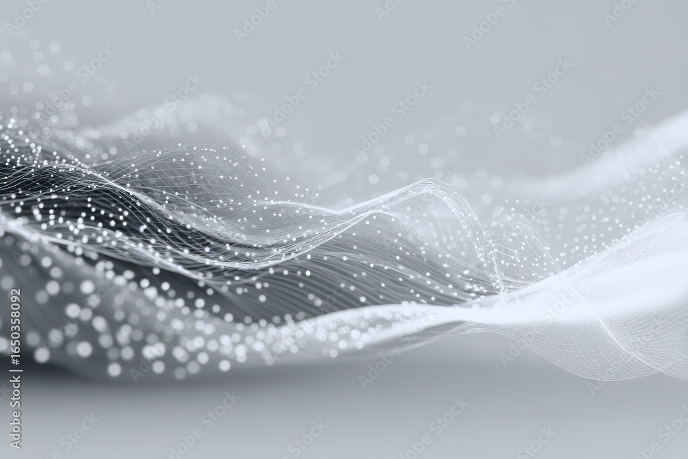 Poster abstract grey white background with flowing particles creating a soft, ethereal effect that captures