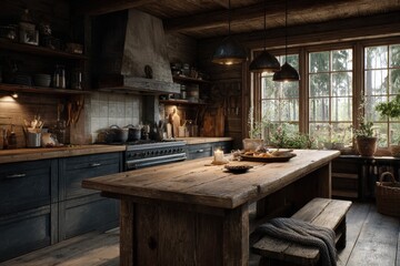 Rustic kitchen setting with wooden furnishings and warm natural light in a cozy environment surrounded by greenery