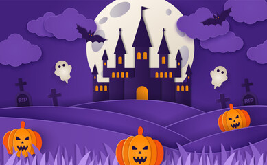 Spooky Halloween Landscape, Haunted House Paper cut poster.