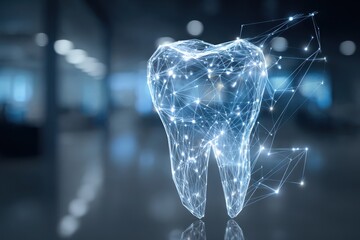 Digital tooth hologram showcasing a connected network of data and technology in a modern dental office environment