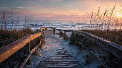 Fototapeta premium boardwalk on beach at sunrise no logos no brands ar 169