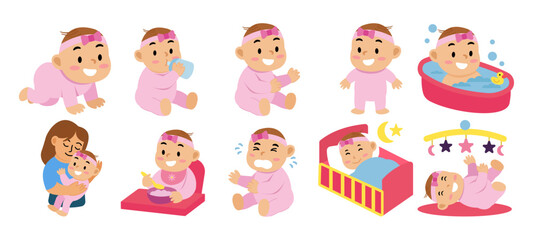 Baby Girl Activity Vector Set Cute Infant Daily Life Illustration