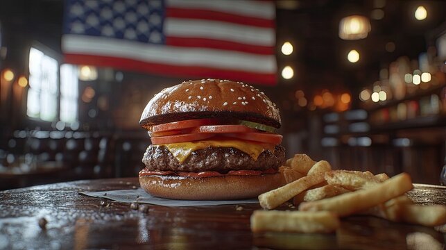 A tasty burger with an American flag on the table, celebrating the spirit of Independence Day, 8k, realistic 