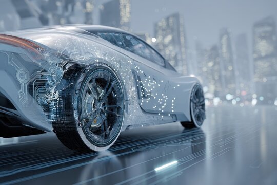 Cybernetic vehicle ECU system enhances automotive performance in a futuristic urban landscape during twilight