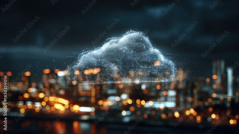 Poster creative glowing cloud hologram on illuminated night city backdrop cloud computing and database conc