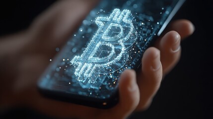 business cryptocurrency and future technology concept  close up of businessman with transparent smartphone and virtual ethereum symbol hologram over space background no logos no brands ar 169