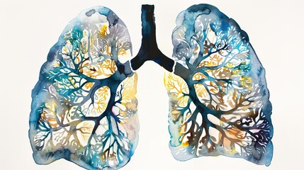 Abstract watercolor illustration of human lungs showing medical anatomy details with soft brush strokes and vibrant colors, suitable for educational materials, healthcare presentations, or medical 