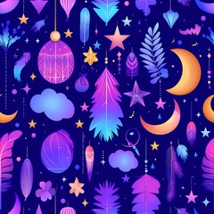Enchanting Celestial Pattern with Moons Stars Clouds Feathers and Trees in Deep Blue
