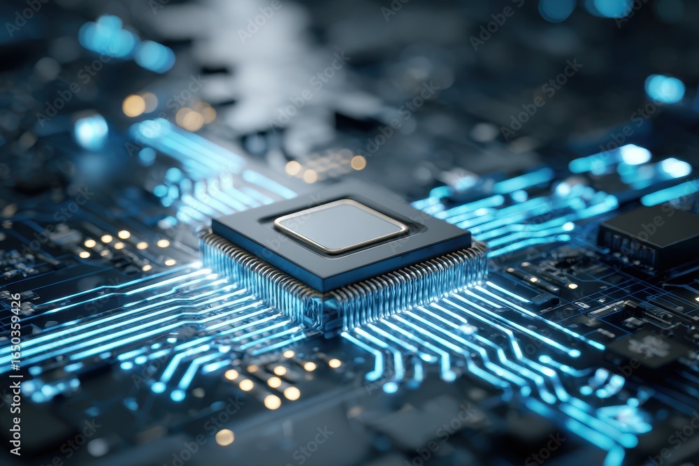 Poster futuristic microchip on glowing circuit board showcasing advanced technology and intricate design in