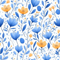 Floral Pattern with Blue and Yellow Flowers and Green Leaves on White Background