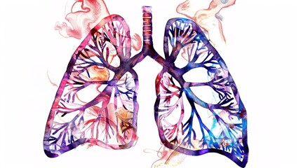 Abstract watercolor illustration of human lungs showing medical anatomy details with soft brush strokes and vibrant colors, suitable for educational materials, healthcare presentations, or medical 