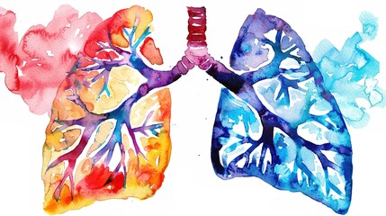 Abstract watercolor illustration of human lungs showing medical anatomy details with soft brush strokes and vibrant colors, suitable for educational materials, healthcare presentations, or medical 