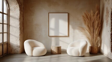 Sunlit room with two creamy upholstered armchairs, a wooden coffee table, a large blank canvas, and pampas grass in a wooden pot against a textured wall.  