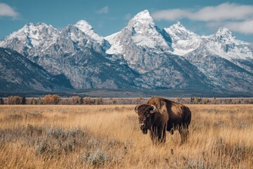 Bison grazing in front of majestic Grand Teton Mountain range during autumn daylight hours