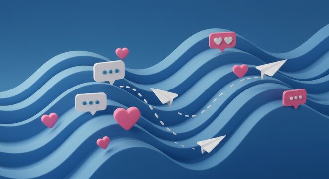 Wavy Blue Network: Love and Communication - interaction, communication, connection, affection, and messaging flow across a wavy blue landscape. Symbolizing modern relationships and social media