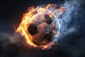 Fototapeta premium Fiery soccer ball bursting through ice in a dynamic, visually striking explosion, perfect for sports enthusiasts and creative wallpaper design