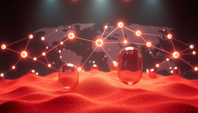 Dynamic network visualization with glowing nodes and data points over a world map backdrop