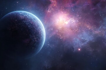 Vibrant cosmic landscape showcasing a distant planet surrounded by colorful nebulae and swirling galaxies in the depths of space