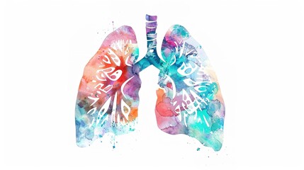 Abstract watercolor illustration of human lungs showing medical anatomy details with soft brush strokes and vibrant colors, suitable for educational materials, healthcare presentations, or medical 