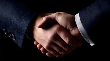Close-up of a professional handshake with crisp suit sleeves, conveying trust and business partnership.