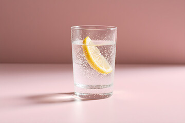 Refreshing Sparkling Water with Lemon Slice in Clear Glass on Soft Pink Background