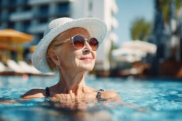 Senior elderly woman enjoys a relaxing time in a swimming pool on a sunny day, embracing the pleasures of life during her golden years at a luxury hotel retreat