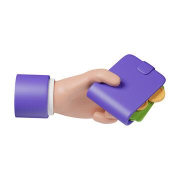 hand with wallet and money 3d icon, payment concept