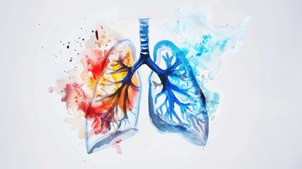 Abstract watercolor illustration of human lungs showing medical anatomy details with soft brush strokes and vibrant colors, suitable for educational materials, healthcare presentations, or medical 