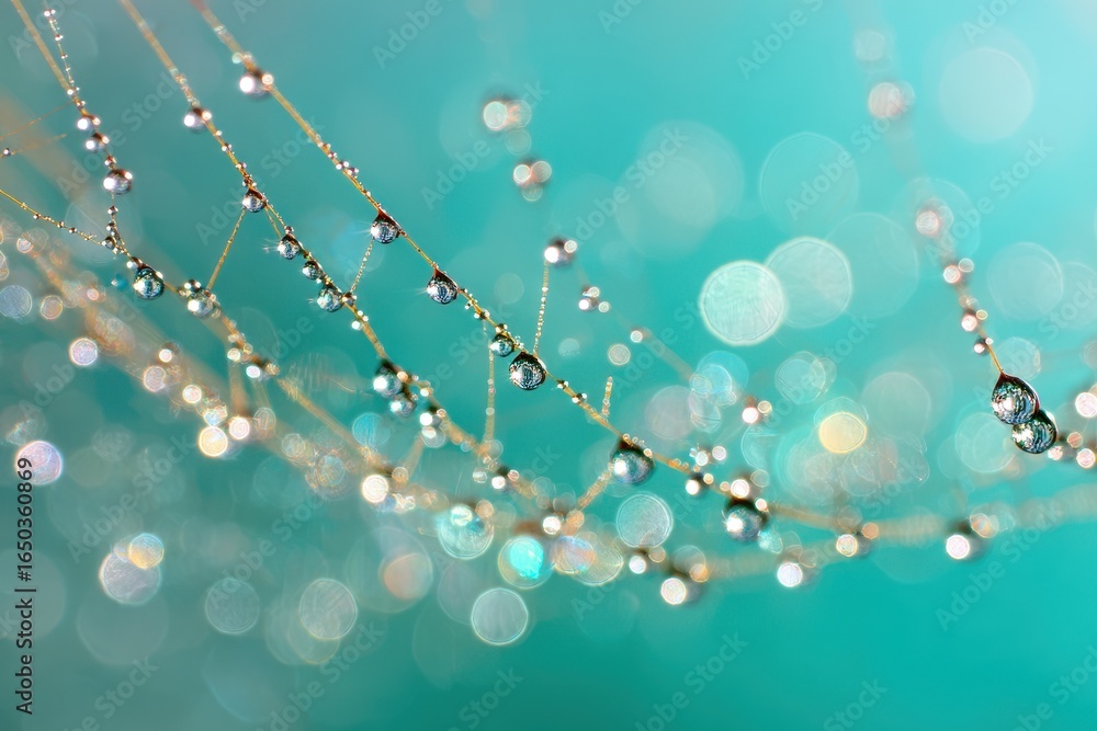 Aufkleber morning dew drops delicately hang from fine threads, creating an intricate pattern against a soft tu