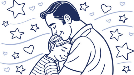 Tender father and son embrace, heartwarming line art illustration; stars, hearts, gentle waves; loving, peaceful, family bond; perfect for Father's Day, family, and children's themes.