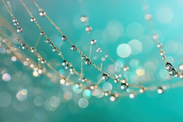 Morning dew drops delicately hang from fine threads, creating an intricate pattern against a soft turquoise background